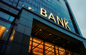 Modern bank building with illuminated sign in the evening