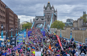 Runners cross Tower Bridge during The TCS London Marathon on Sunday 21st April 2024.