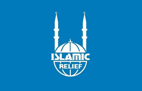White Islamic Relief logo on blue background