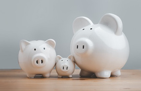 Three white ceramic piggy banks on wood table