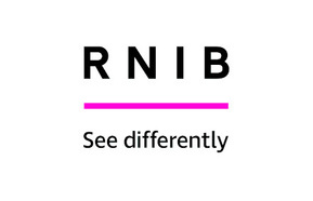 Logo - 1RNIB See differently' written in black writing on white background, with pink line through the middle.
