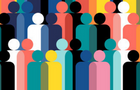 Geometric illustration of multi coloured human figures abstract