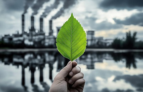 green leaf held in front of polluting factory