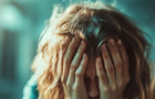 A stressed woman covers her face with her hands