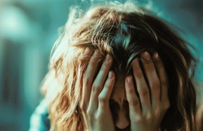 A stressed woman covers her face with her hands