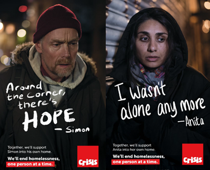 New Crisis adverts featuring Simon saying “around the corner, there’s hope” and Anita saying “I wasn’t alone and more”
