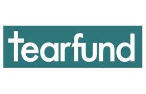 Tearfund written in white on blue/green background 