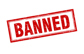 'banned' written in red square in stamp on white